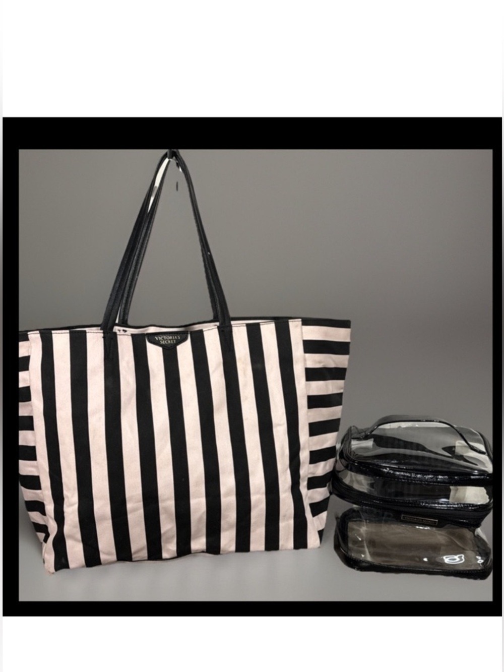 Victoria's Secret Black Pink Tote Cosmetic Bag Bundle